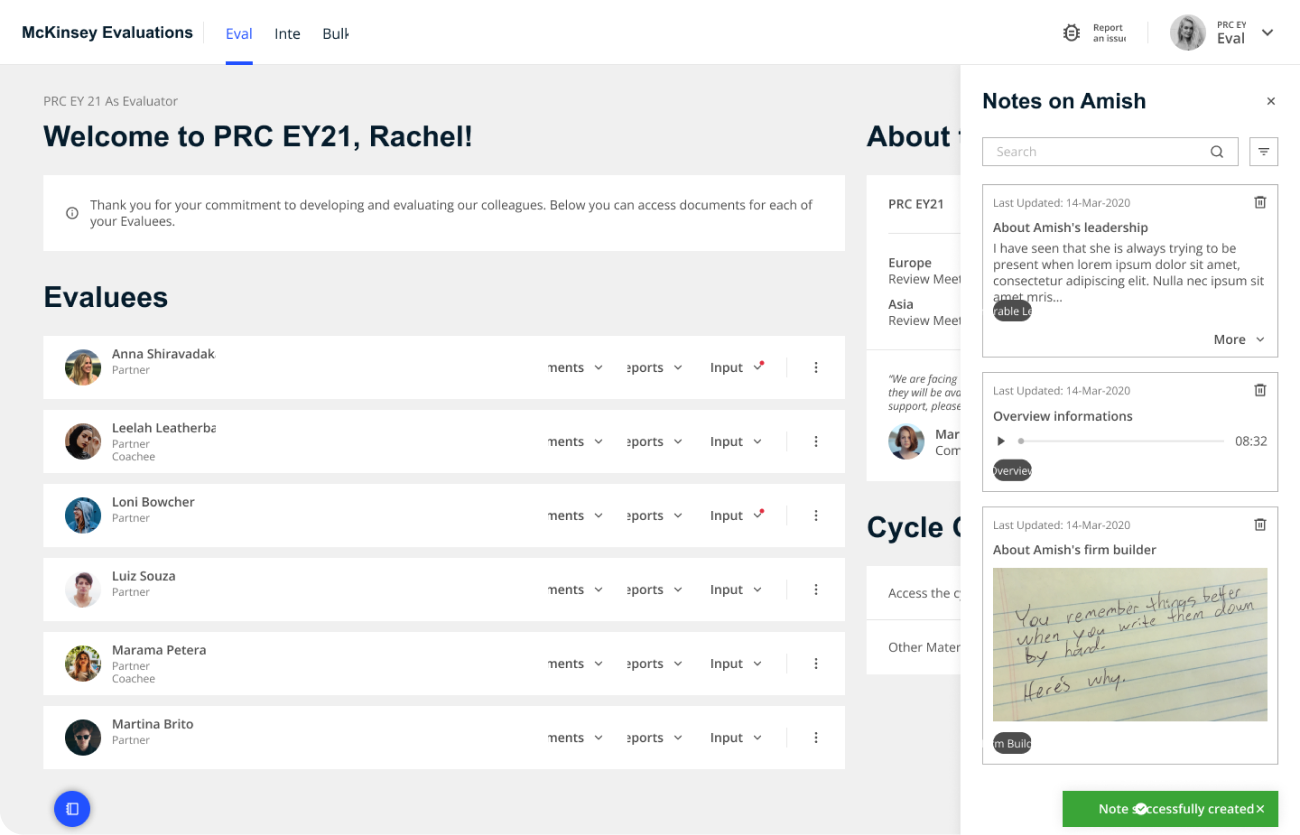 evaluator dashboard notes mockup